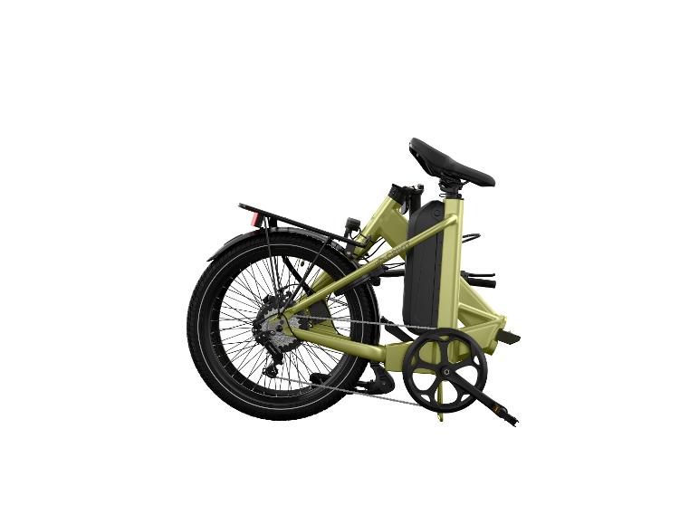 Olijfgroene opvouwbare elektrische fiets met zwarte accu en Shimano details.