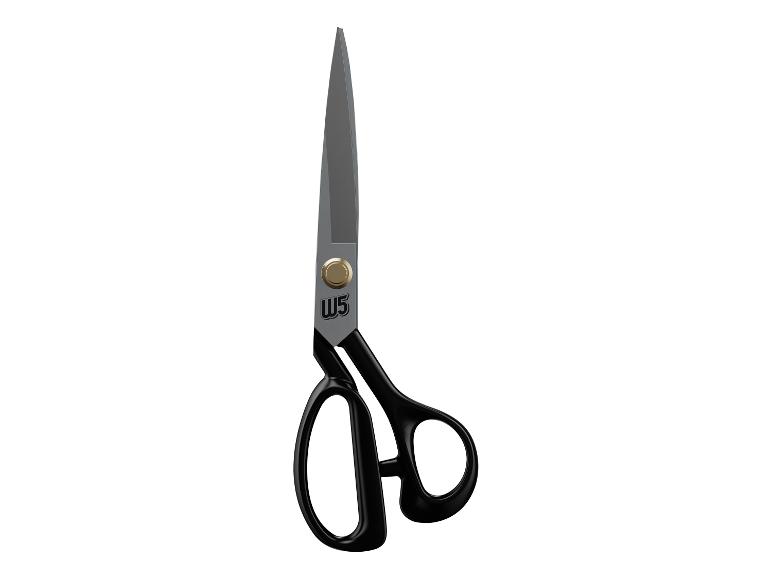 Zwarte kleermakersschaar met metalen bladen en gouden schroef.