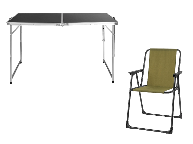 Een opvouwbare tafel en stoel, ideaal voor kamperen.