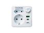 Witte wandstekkeradapter met twee stopcontacten, een aan/uit-schakelaar en USB-poorten.