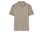 Een beige, kort mouwen overhemd met verticale strepen.