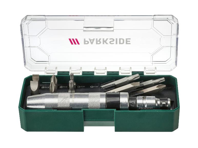 Parkside slagschroevendraaierset in open groene doos met diverse bits.