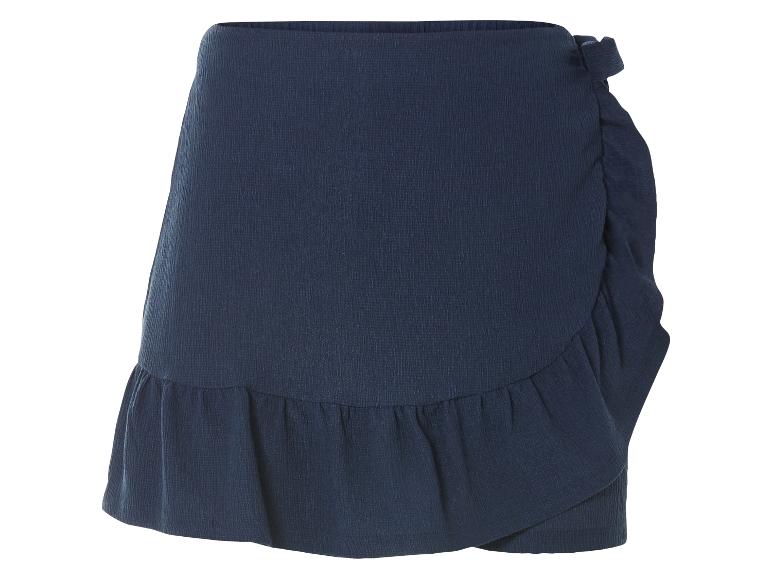 Kort donkerblauw rokje met ruffles, wikkelmodel.