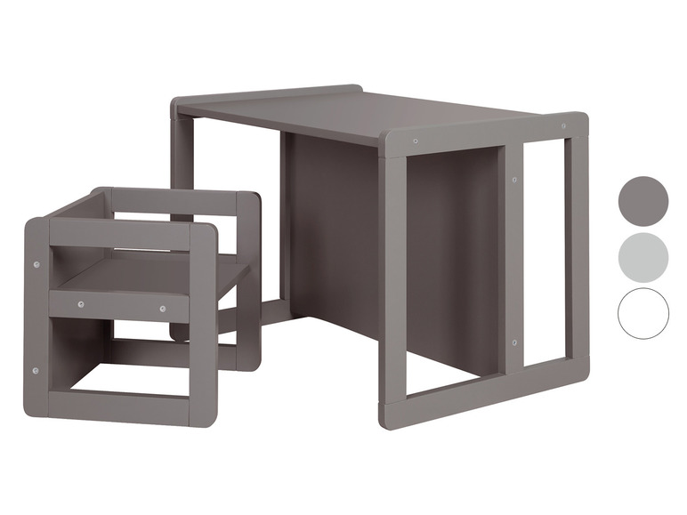 Een grijze houten tafel en stoel voor kinderen.