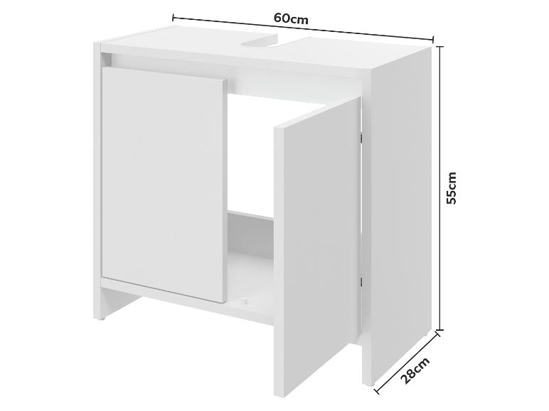 Witte badkamerkast met twee deuren, afmetingen 60cm x 55cm x 28cm.