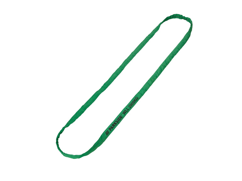 Een groene Parkside hijsband met een maximale werklast van 2000kg.