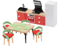 Poppenhuis meubelset: rode keuken met koelkast en eettafel met stoelen.