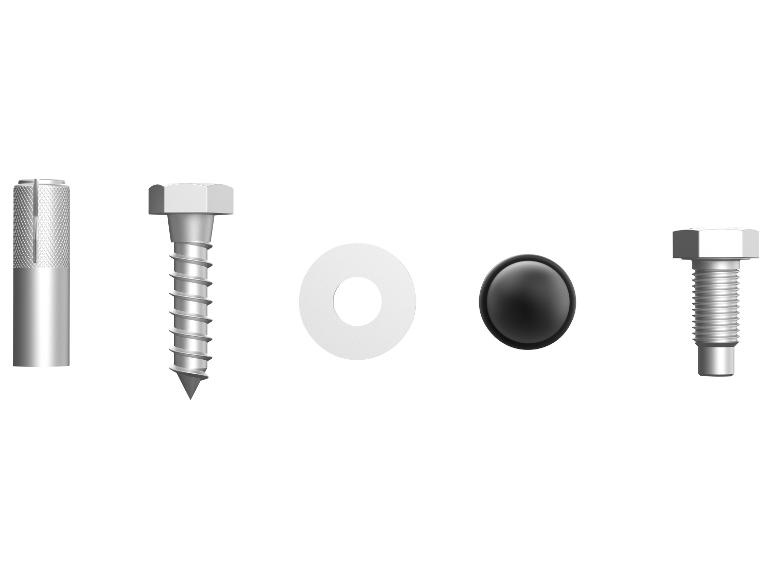 Set van schroeven, pluggen, ringen en sierdoppen.