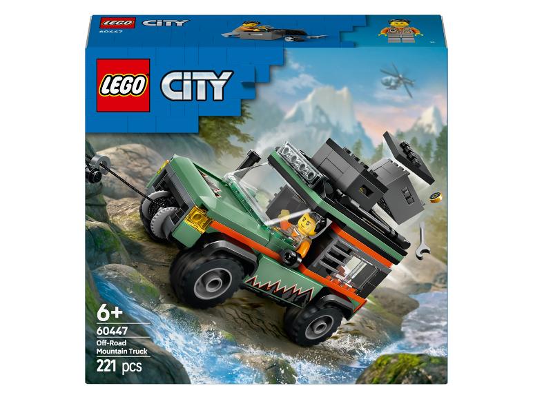 LEGO City Off-Road Mountain Truck 60447 doos, met een groene truck op een bergrivier.