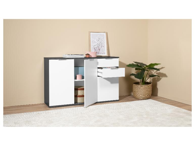 Modern opbergmeubel met deuren en laden.