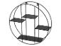 Zwart rond metalen wandrek met vier planken.