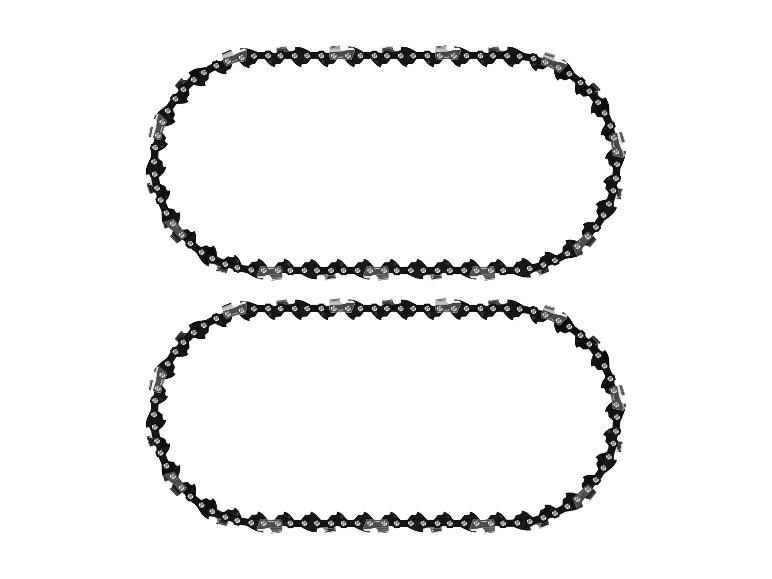 Twee kettingen voor een kettingzaag, gerangschikt in een ovale vorm.