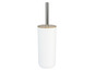 Een witte toiletborstelhouder met een houten deksel.