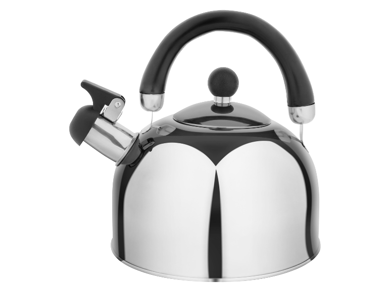 Een stijlvolle waterkoker van roestvrij staal met een zwart handvat.