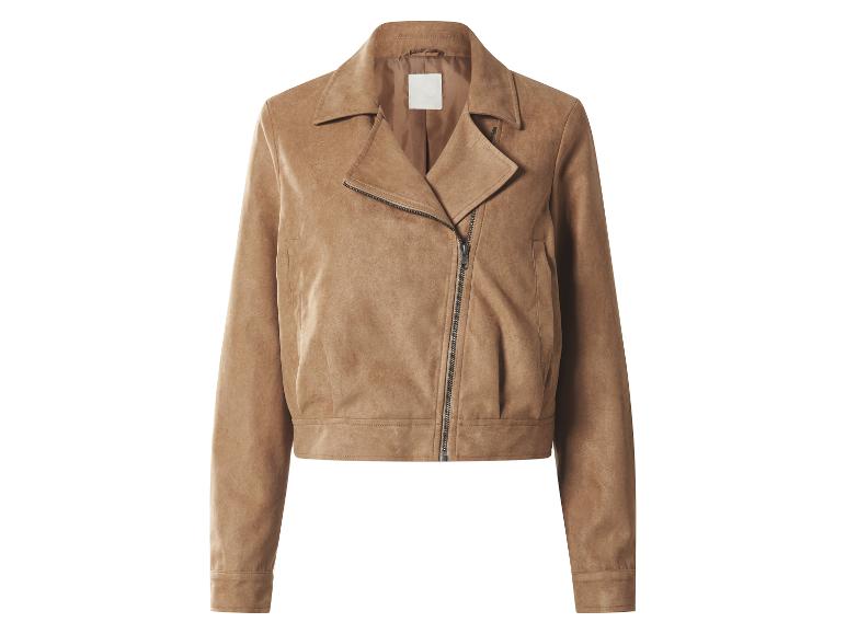 Bruine suède jas met rits en kraag.