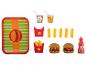 Speelgoed fastfoodset met twee hamburgers, frietjes, ketchup en drankjes.