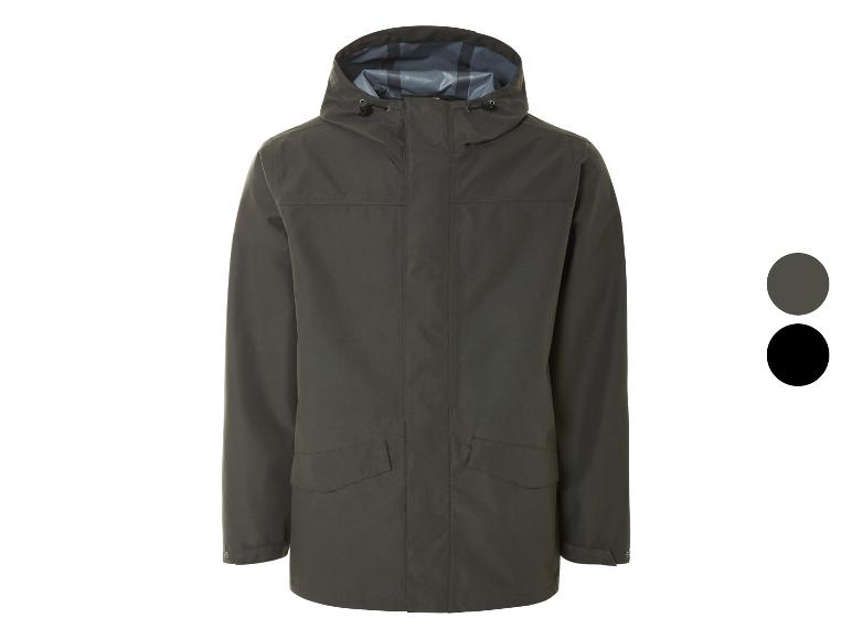Waterdichte jas met capuchon, donkergroen en zwart.