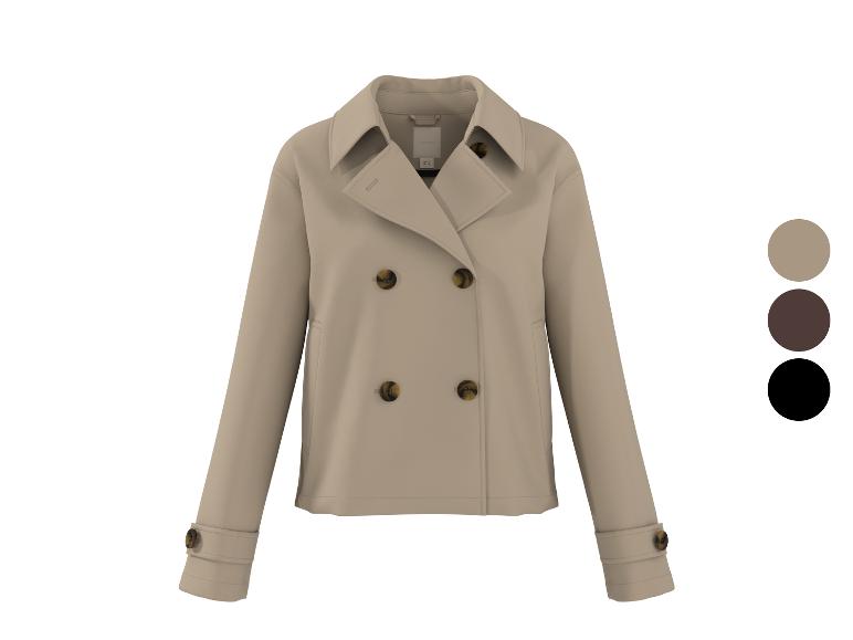 Beige double-breasted jasje met knopen en kleurenpalet.
