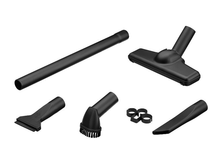 Zwarte stofzuigeraccessoires, waaronder verlengbuizen, mondstukken en borstels.