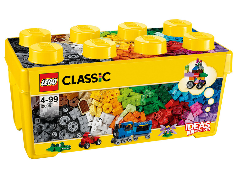 LEGO Classic doos met kleurrijke blokken, wielen, en ideeën voor het bouwen van een trein, krokodil en andere creaties.