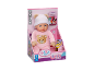 Interactieve babypop in roze kruippakje en muts in de verpakking.