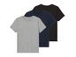 Drie effen T-shirts in grijs, donkerblauw en zwart.