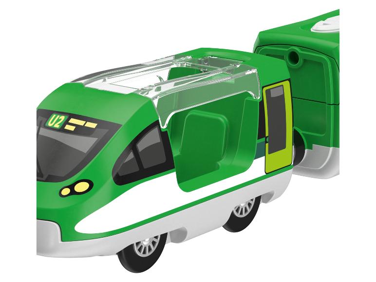 Groene speelgoedtrein met transparant dak en witte details