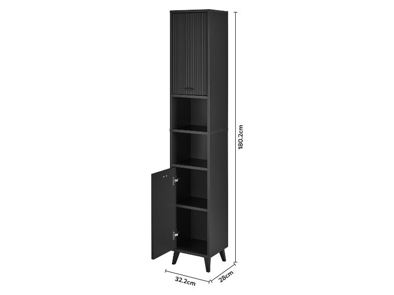 Zwarte hoge kast met geribbelde bovendeur, open planken en onderdeur, met afmetingen.