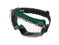 Veiligheidsbril met donkergroene zijschermen en verstelbare hoofdband.