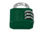 Groen combinatieslot met drie cijferwielen en metalen beugel.