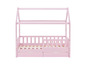 Een roze kinderbed met een huisvormig hoofdeinde en opbergladen.