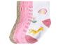 Vier paar babysokken in bruin, roze en wit met regenboog- en giraffemotieven.