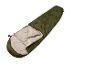 Olijfgroene slaapzak met beige binnenkant, open en klaar voor gebruik.