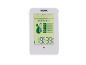 Witte digitale thermometer en hygrometer met LCD-scherm dat temperatuur en vochtigheid toont.