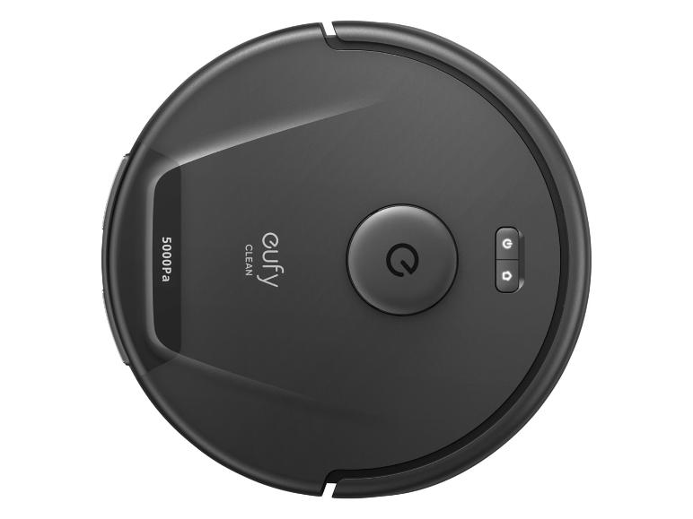 Zwarte Eufy robotstofzuiger met 5000Pa zuigkracht.