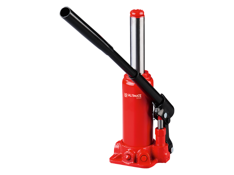 Rode hydraulische fleskrik met zwarte hendel
