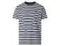 Zwart-wit gestreept T-shirt met korte mouwen en een klein blauw logo.