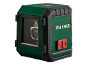 Groene en zwarte laserwaterpas met rode knoppen en een helder venster dat interne componenten toont