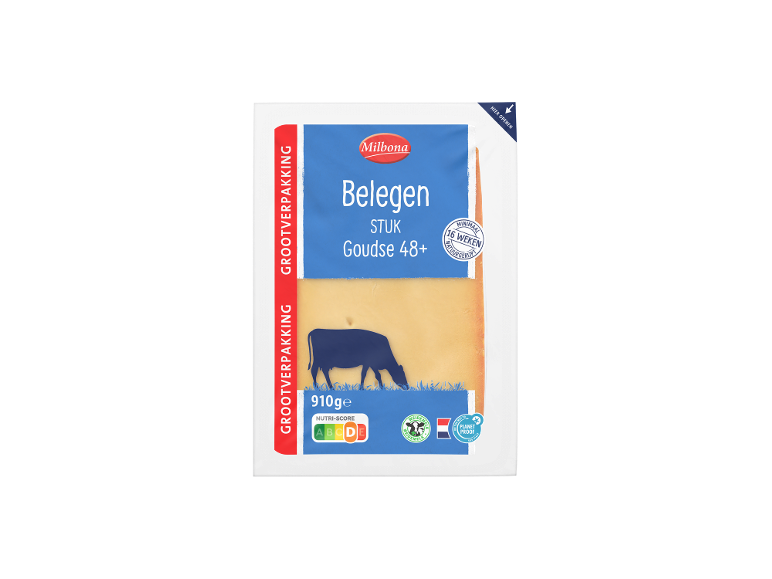 Milbona Belegen Goudse 48+ kaas in grootverpakking van 910 gram.