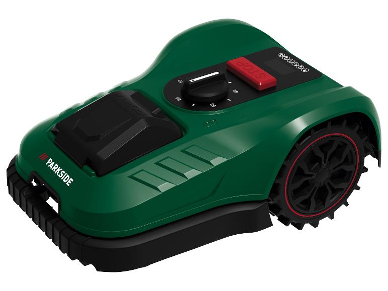 Groene Parkside robotmaaier met zwarte wielen, rode accenten, bedieningspaneel en STOP-knop.