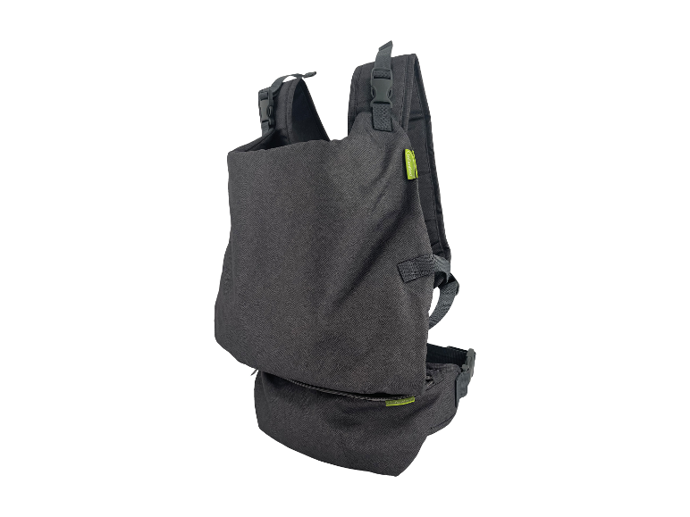 Donkergrijze Infantino baby draagzak met heupgordel.