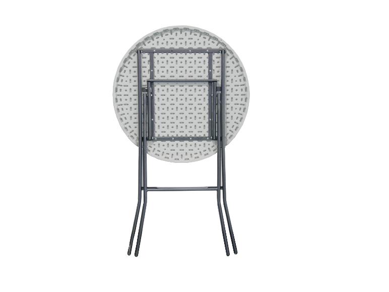 Opvouwbare ronde tafel met wit plastic blad en donkergrijs metalen frame