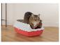 Kat in een rode en grijze kattenbak op een houten vloer.