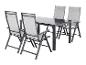 Tuinmeubelset: zwarte tafel en vier opvouwbare stoelen met grijze zitting en rugleuning.