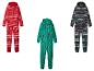 Drie kerst-onesies met capuchon: rood met rendieren, groen met teckels en zwart met „HO HO HO“.