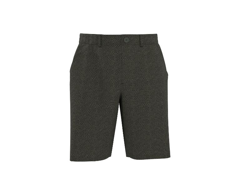 Donker kaki herenshort met visgraattextuur en knoop.