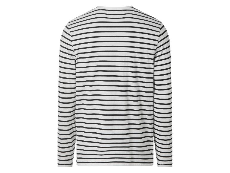 Heren gestreept T-shirt met lange mouwen in zwart en wit, achterkant.