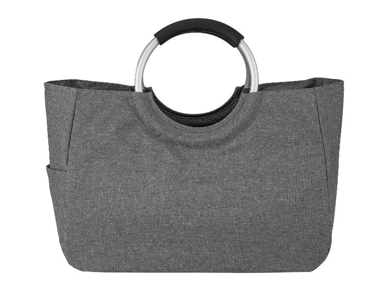 Donkergrijze boodschappentas met metalen handvat.