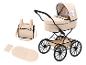 Beige poppenwagen met bijpassende tas en verschoonmatje.