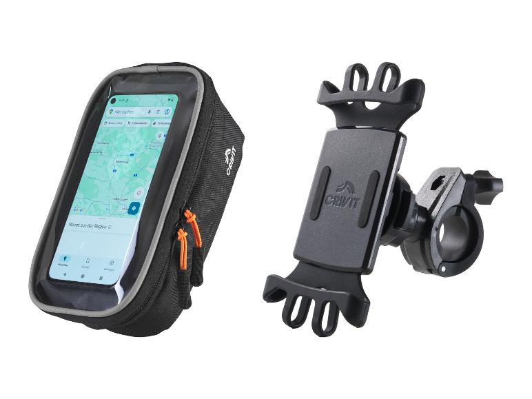 Fiets telefoonhouder met tas en scherm dat een kaart toont.